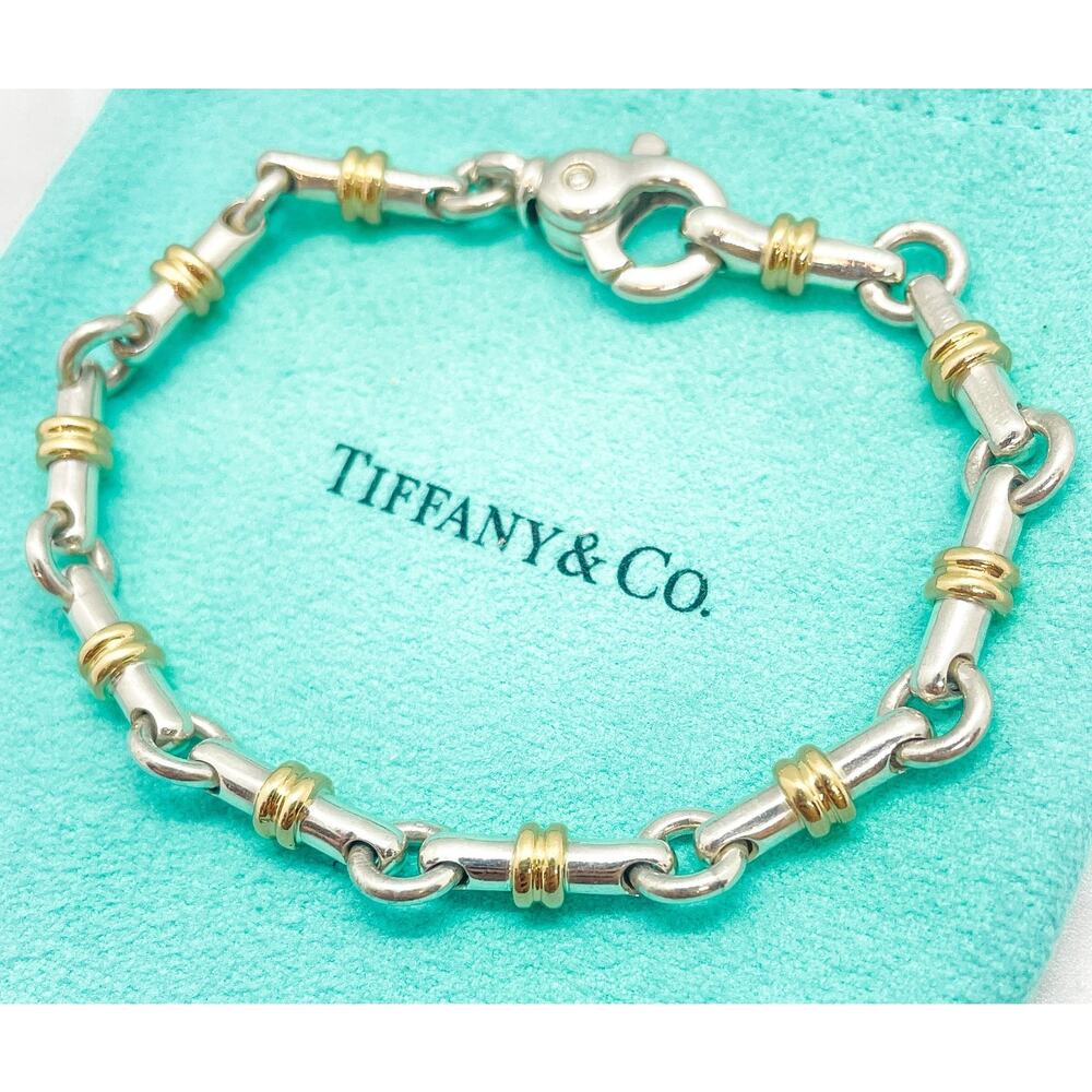 Tiffany & Co. Bar Link Bracelet 18K Yellow Gold Sterling Silver 7.25" - Picture 2 of 9
